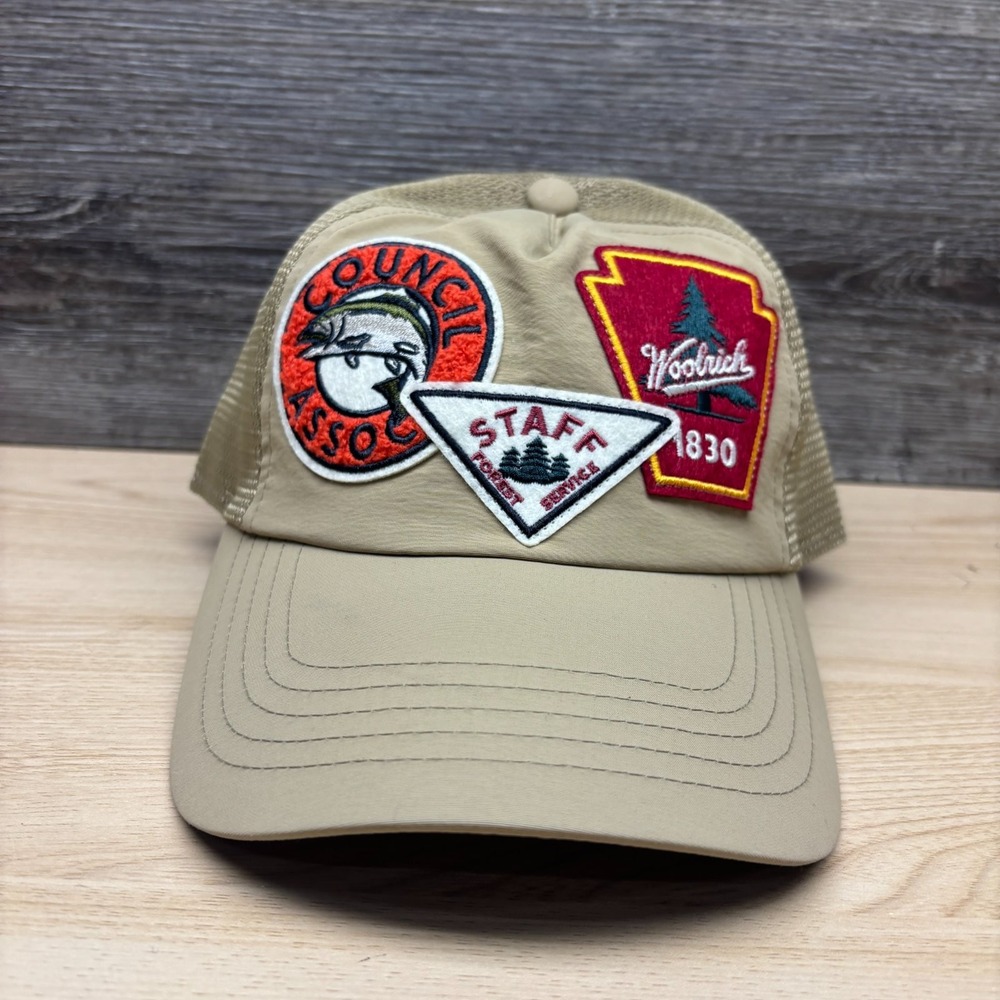 Woolrich Hat Cap Snap Back Beige Tan Multi Patch Trucker Forest Service Men